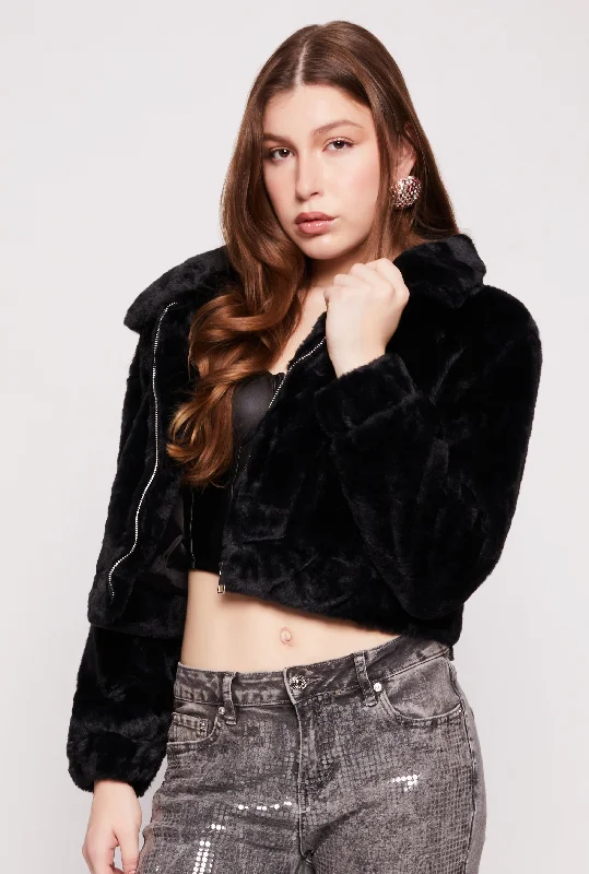 Faux Fur Zip Front Cropped Jacket