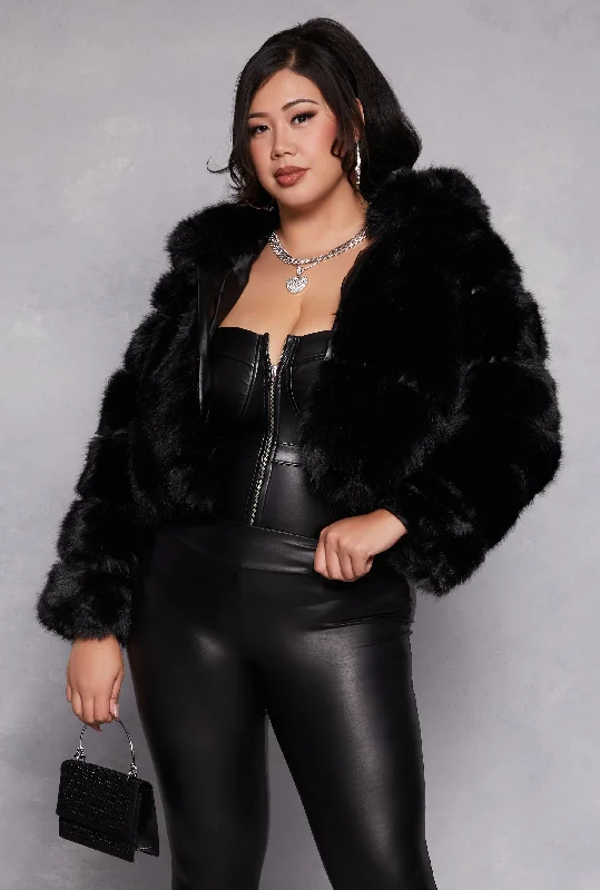 Plus Size Faux Fur Hooded Cropped Jacket