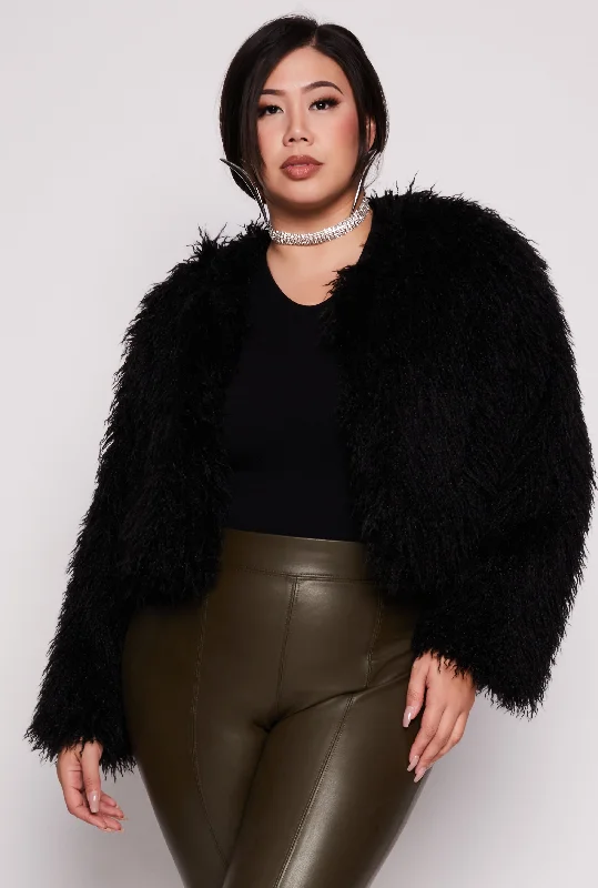 Plus Size Shaggy Faux Fur Cropped Jacket