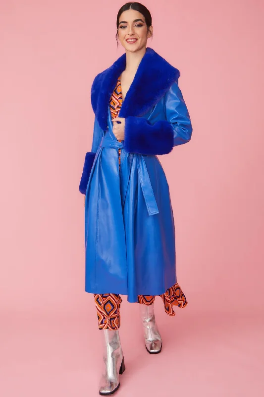 Blue Faux Leather Trench Coat with Faux Fur Collar and Cuffs