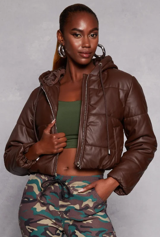 Faux Leather Zip Front Hooded Puffer Jacket