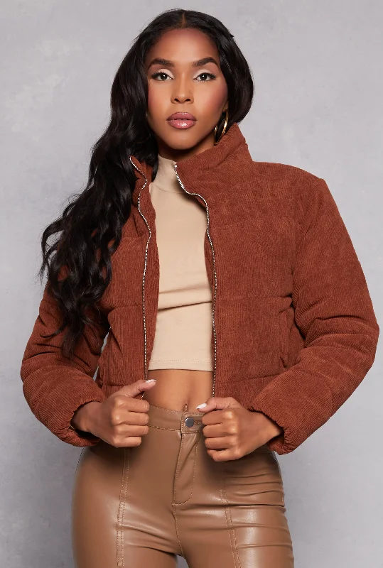 Corduroy Drawstring Hem Puffer Jacket