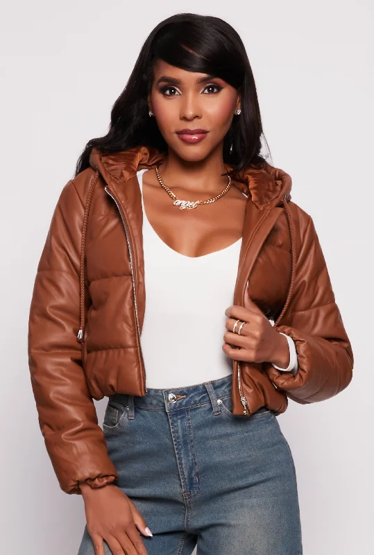 Faux Leather Zip Front Hooded Puffer Jacket