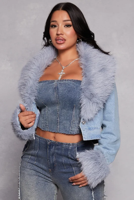 Faux Fur Collar Cropped Jean Jacket