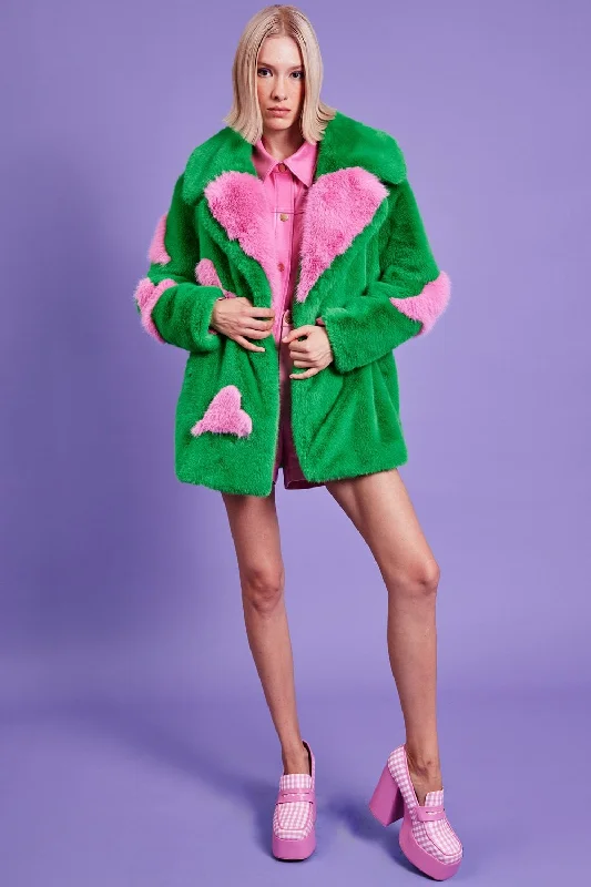 Green Eco Bamboo Faux Fur Coat with Love Heart Detailing