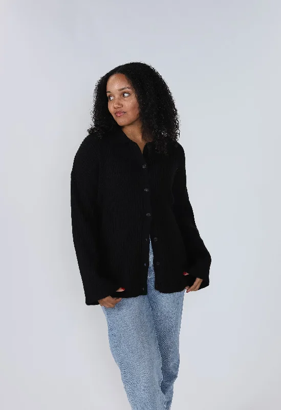 Harper Black Ribbed Knit Button Long Sleeve Top