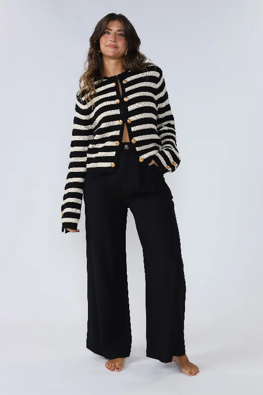 Haven Black and Cream Stripe Gold Buttoned Top