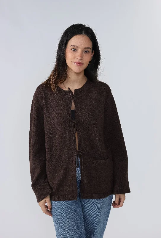 Hazel Chocolate Front Ties Knit Ribbed Top