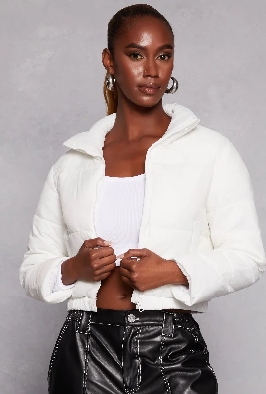 Nylon Zip Front Cropped Puffer Jacket