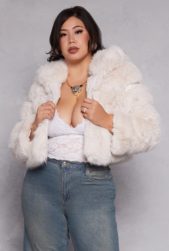 Plus Size Faux Fur Hooded Cropped Jacket