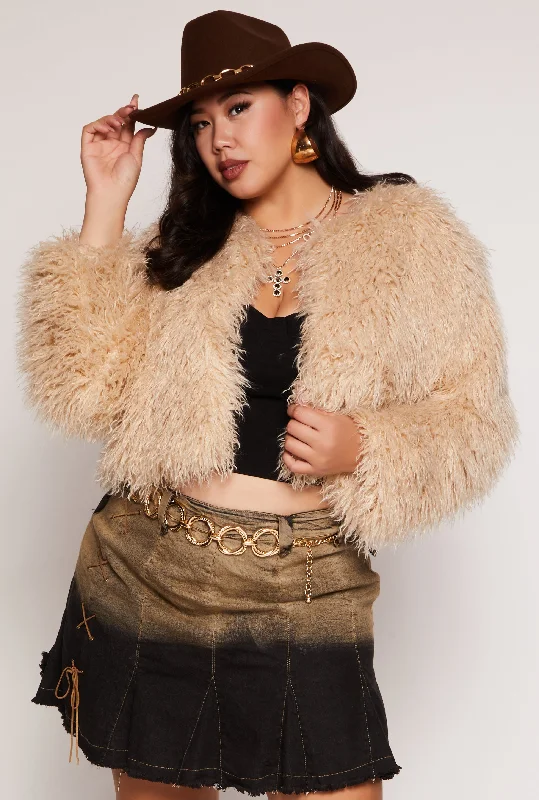 Plus Size Shaggy Faux Fur Cropped Jacket