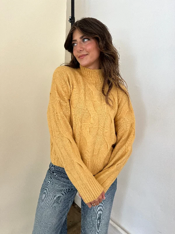 Molly Bracken Mustard Knit Pattern Mock Neck Sweater