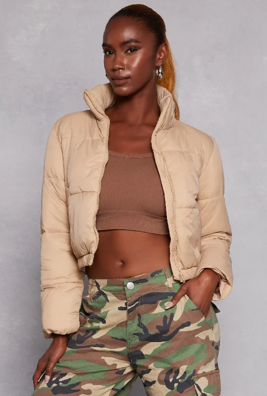 Nylon Zip Front Cropped Puffer Jacket