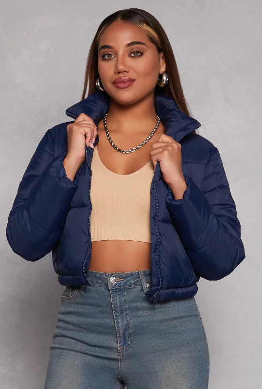 Nylon Zip Front Cropped Puffer Jacket