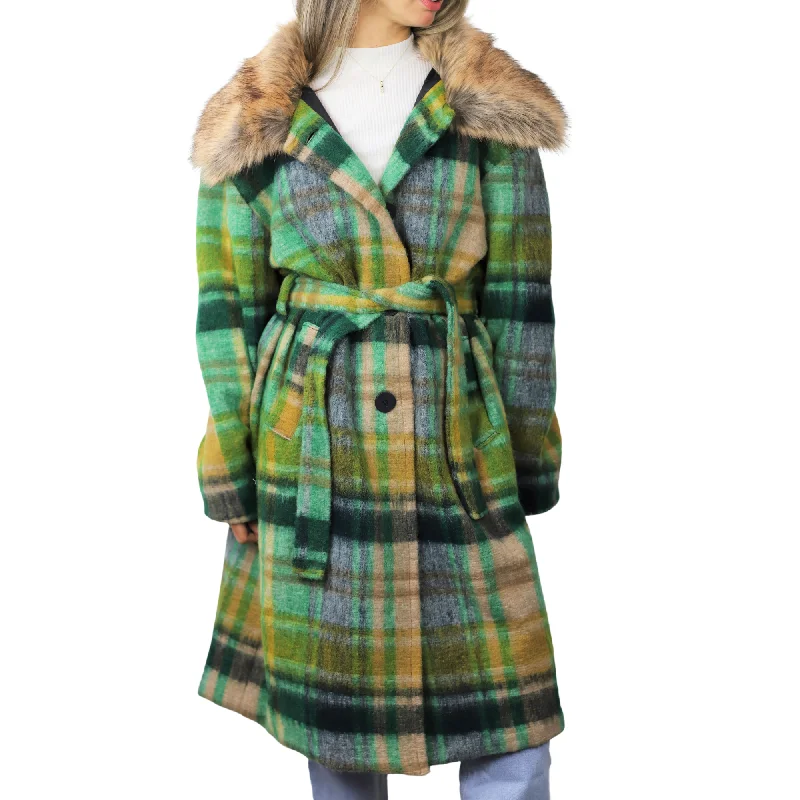 Plaid Long Coat with Trim / Tie Waist - Green