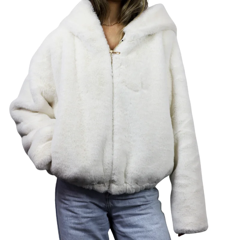 Plush Faux Fur Bomber Jacket - Ivory