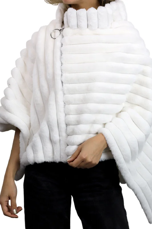 Plush Faux Poncho with Zipper Detail - White