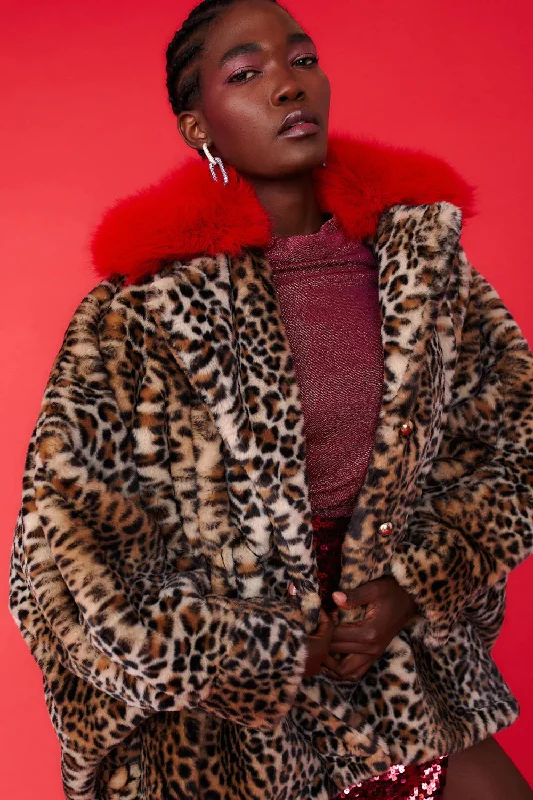 Red Faux Fur Leopard Print Swing Coat