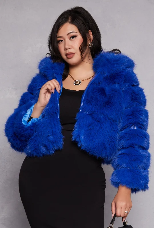 Plus Size Faux Fur Hooded Cropped Jacket