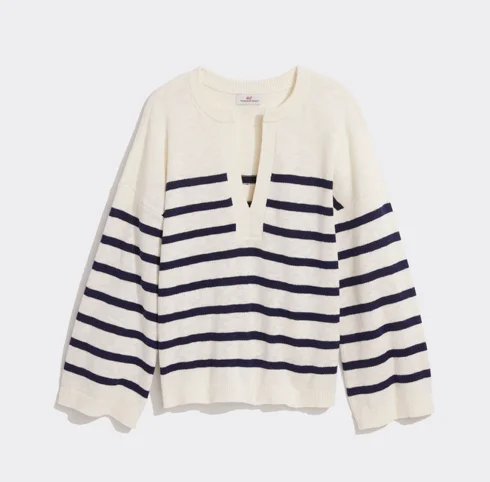 Vineyard Vines Breton Stripe Slub Split-Neck Sweater - Marshmallow