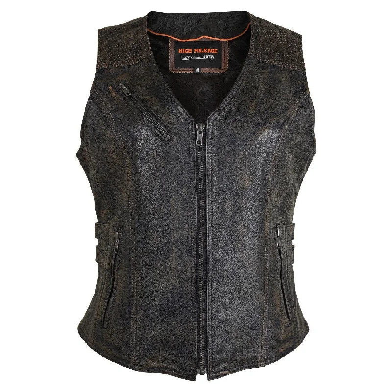 HML1037DB Ladies Distressed Brown Vest with Buckles