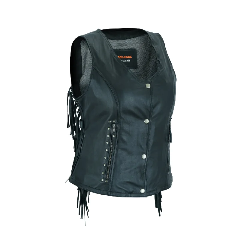 HML1104B Ladies Premium Black Vest with Fringes and Rivets