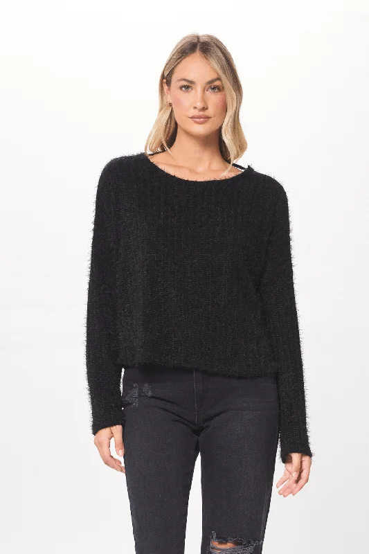 Black Chenille Mohair Twist Back Sweater