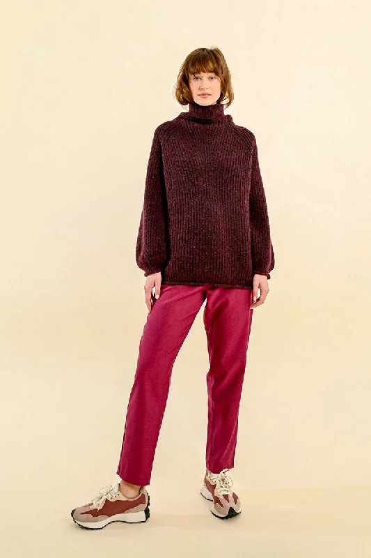 Chunky Turtleneck Tunic Sweater in Marled Dark Red