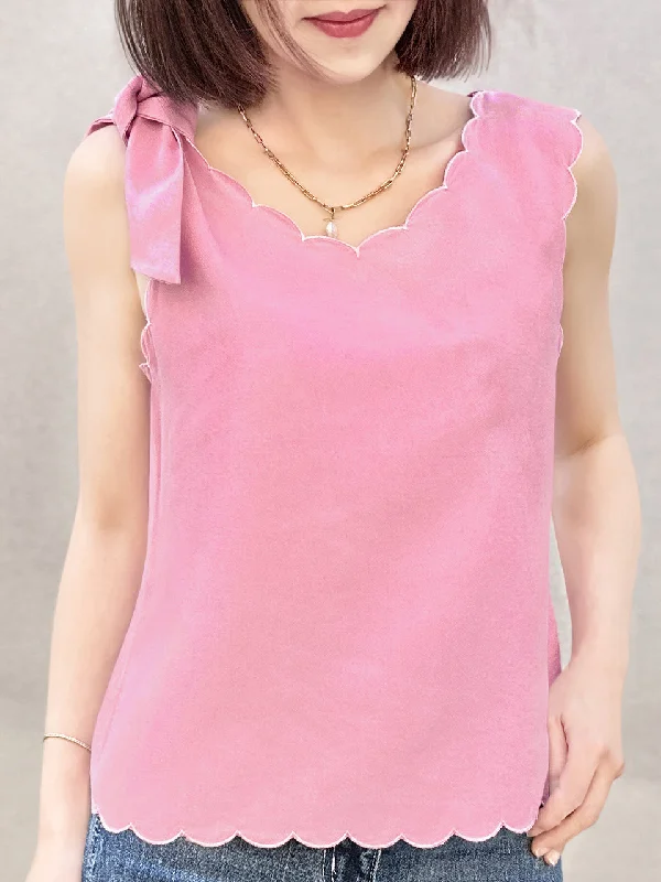 Pink Scallop V-neck Silk Tank With Removable Bow