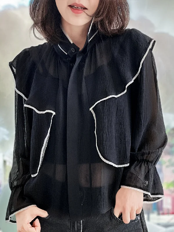 Black Mesh Trim Stand Collar Silky Blouse