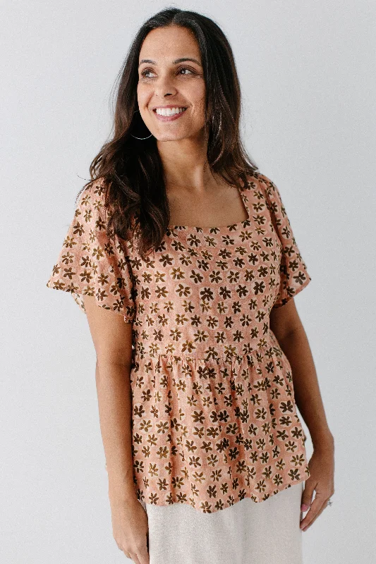 'Brynn' Square Neck Floral Print Peplum Top in Apricot FINAL SALE