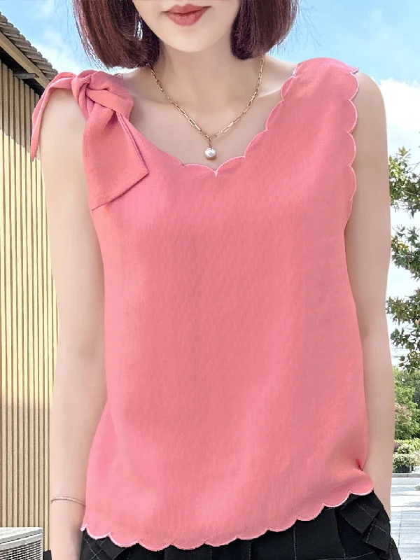 Coral Scallop V-neck Silk Tank With Removable Bow