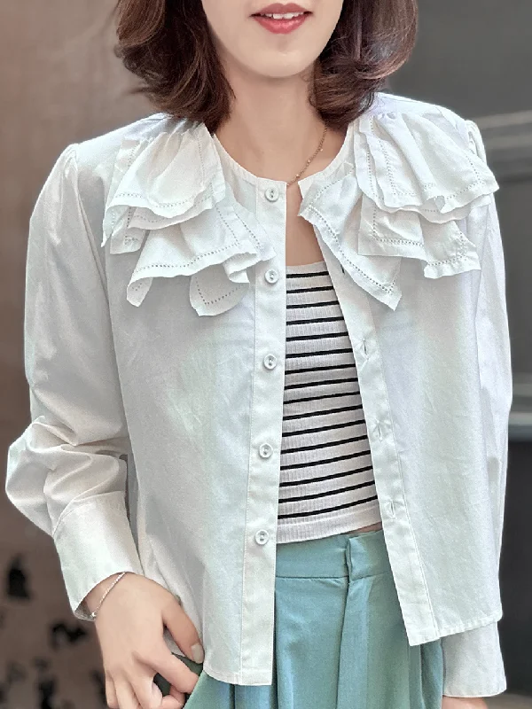 Crispy White Embroidery Layered Collar Cropped Shirt