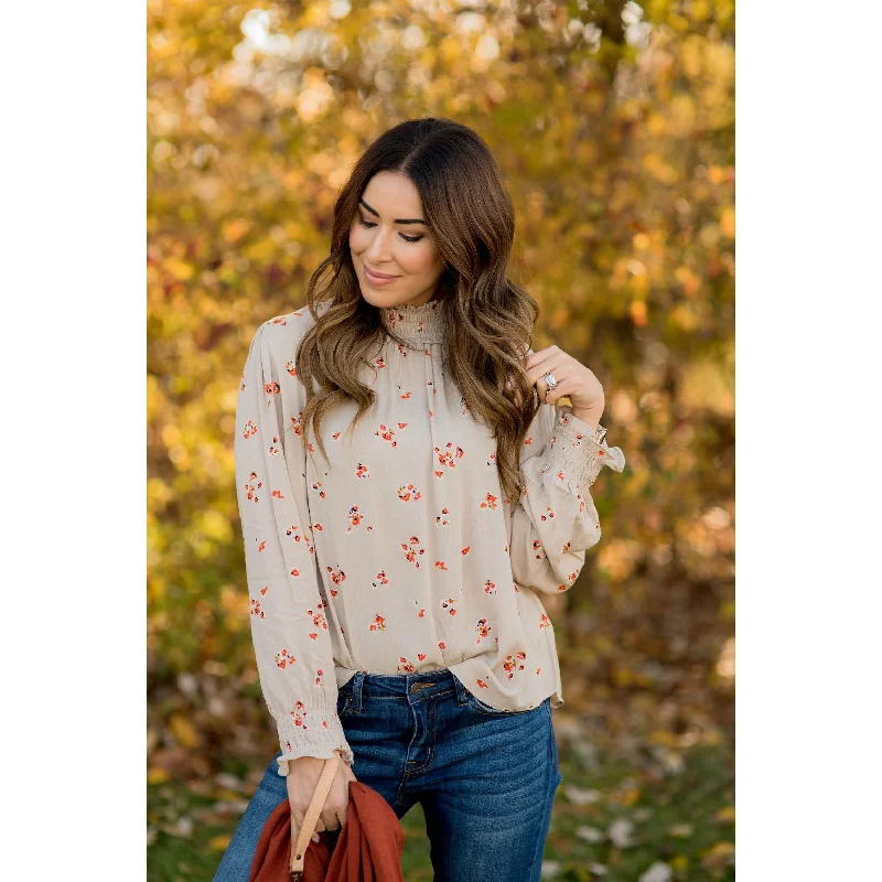 Fancy Floral Cinch Neck Sleeve Blouse