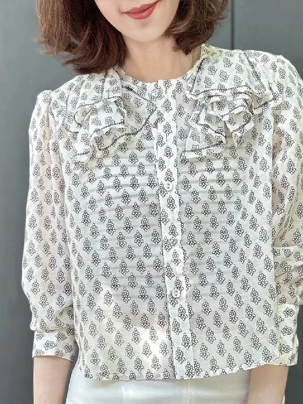 Floral Print Embroidery Layered Collar Cropped Shirt