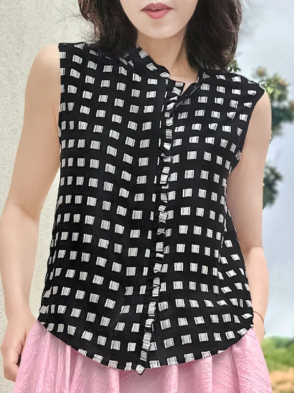 Last Chance! Monochrome Checker Embroidered Silky Sleeveless Blouse