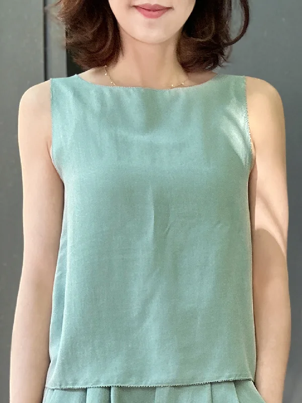 Pastel Green Stitched Trim Boat Neck Silk Tank