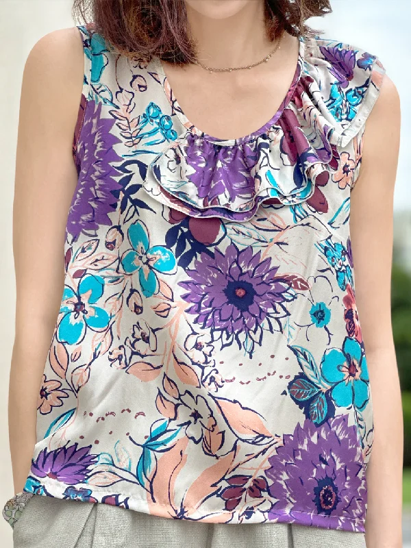 Purple Floral Print Partial Ruffle Collar Silk Tank