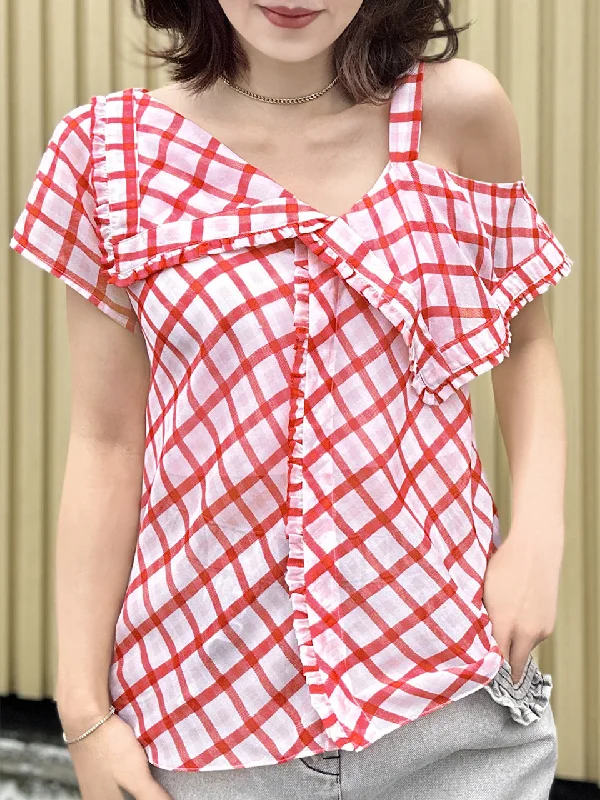 Red Check Flirty Cold Shoulder Asymmetrical Ruffle Silk Top