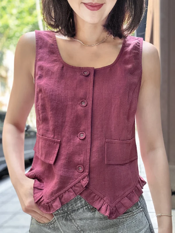 Rich Burgundy Linen Blend Ruffle Waistcoat Top