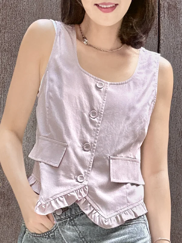 Soft Pink Linen Blend Ruffle Waistcoat Top